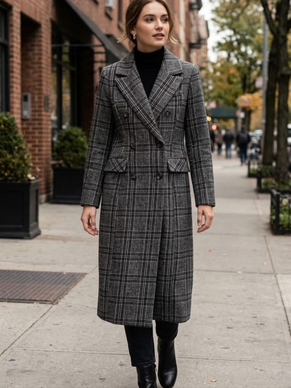 7 For All Mankind Gray Plaid Double-Breasted Trench Coat
